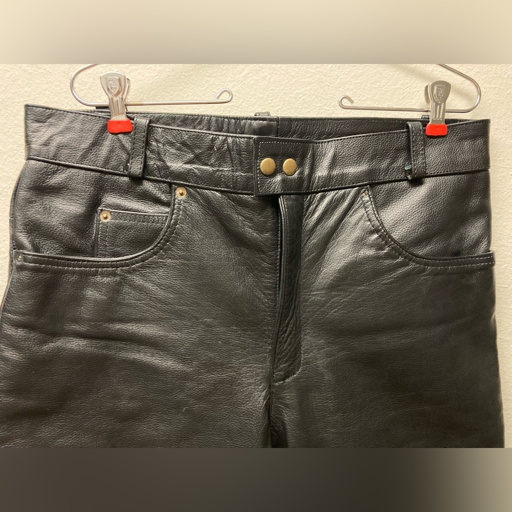 Leather Motorcycle Jeans Biker 34x32 Men Black Straight Leg Real Leather - Picture 2 of 7